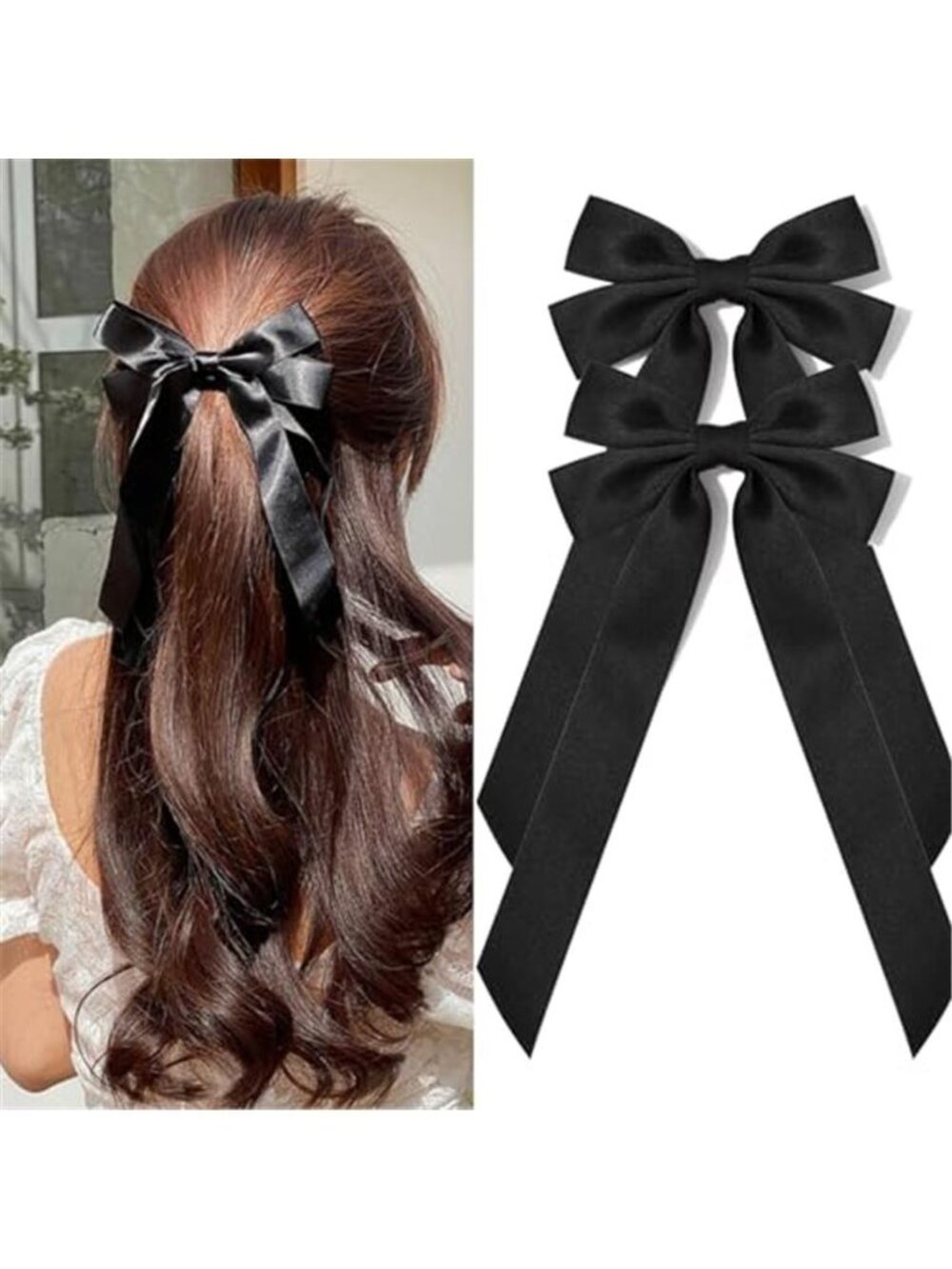 Silky Satin Hair Bows and Alligator Clips - Black Ribbon Ponytail Holders, Hair